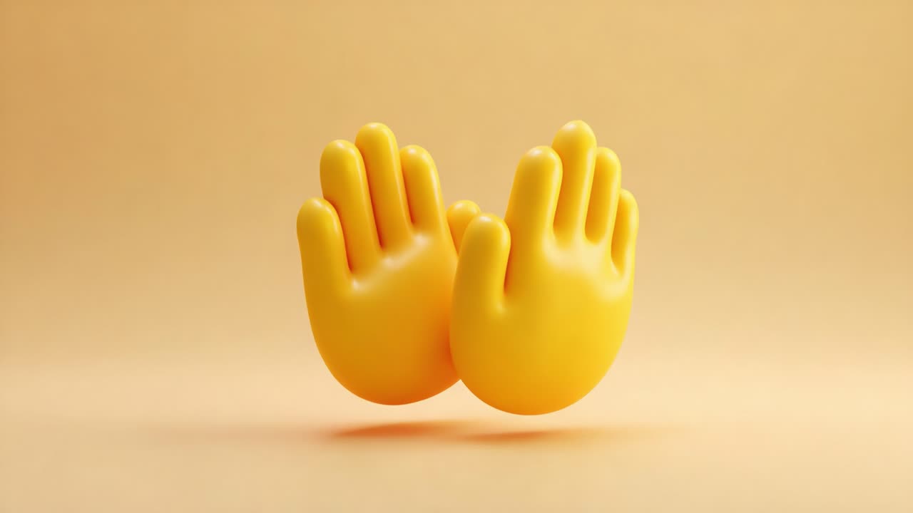 A pair of vibrant yellow, cartoonish hands gracefully positioned against a soft, warm background, embodying playfulness and fun in a minimalist aesthetic for creative expression