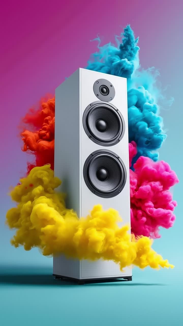 A pair of speakers sitting on top of a colorful cloud of smoke