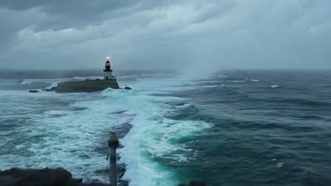 poderosas tormentas oceánicas desencadenan olas que se estrellan alrededor de un faro, rodeado de nubes oscuras y vientos feroz