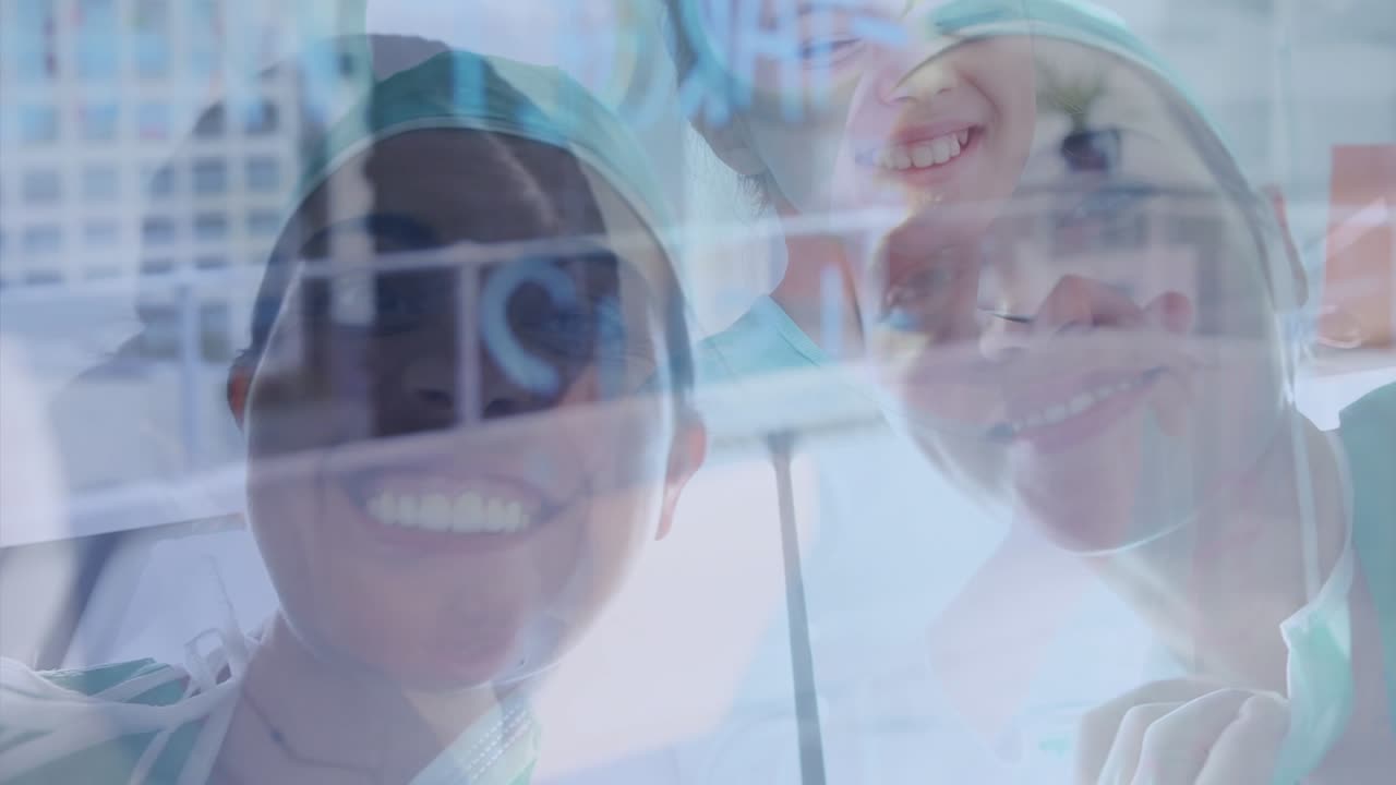 Animation of financial data processing over business people in office