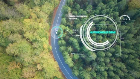 Autonomous-self-drive-white-car-on-autopilot-showing-digital-drive-data-statistics