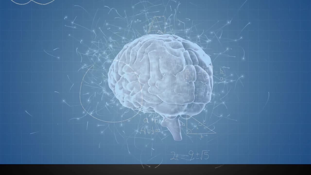 파란색 배경에 수학 방정식에 대해 회전하는 인간의 뇌의 애니메이션