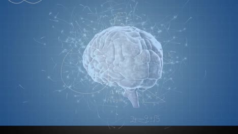 animación del cerebro humano girando sobre ecuaciones matemáticas sobre fondo azul