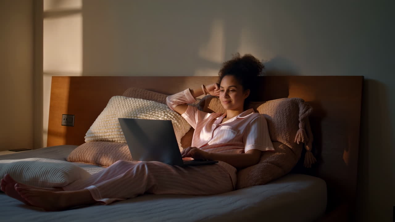 Black Woman In Bedroom With Laptop Relaxing In Warm Evening Sunlight, Wearing Pink Pajamas, Reclining