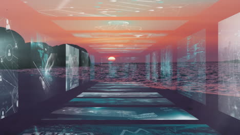 animation of digital interfaces with data processing over beach and sea at sunset