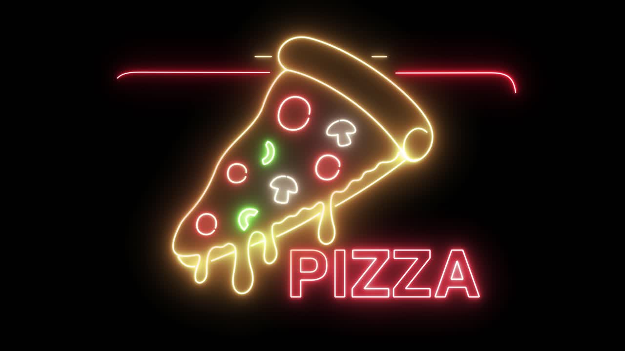 피자 조각을 그린 애니메이션 네온 표지판.