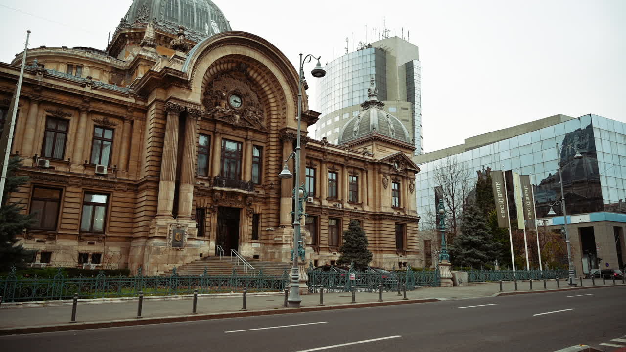 Bucharest, Romania - December 21, 2021: Street view of the Palace of the Deposits and Consignments