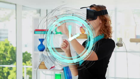 animation of clock moving fast with network of connections over businesswoman wearing vr headset