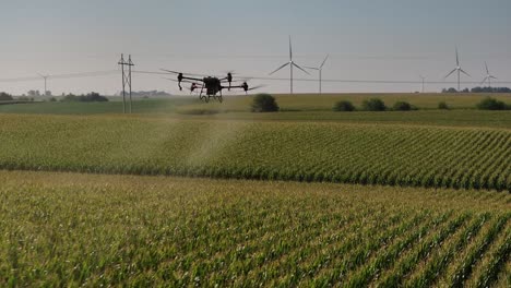 ag drone spraying chemicals on a corn field in iowa in the summer