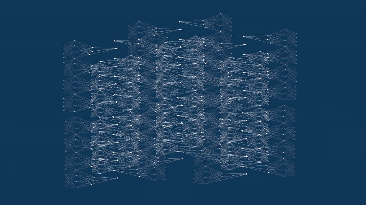 Simulation animation of a partial neural network of a Large Language Artificial Intelligence Model, SEAMLESS LOOP on blue background