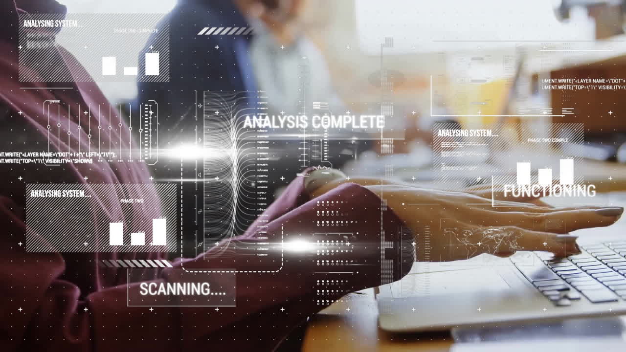 Animation of data processing over caucasian businesswoman using laptop in office