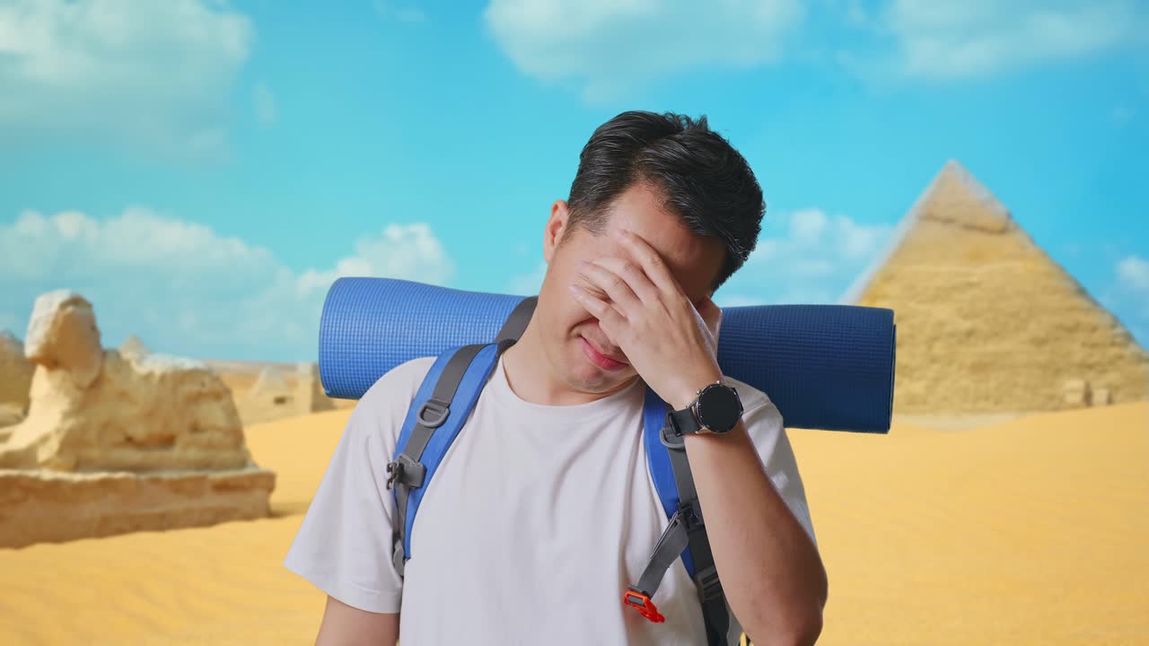 Tired Traveler with Headache in Egypt