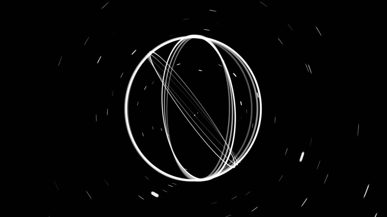검은 바탕에 회전하는  ⁇  반지와 움직이는 빛의 점의 애니메이션