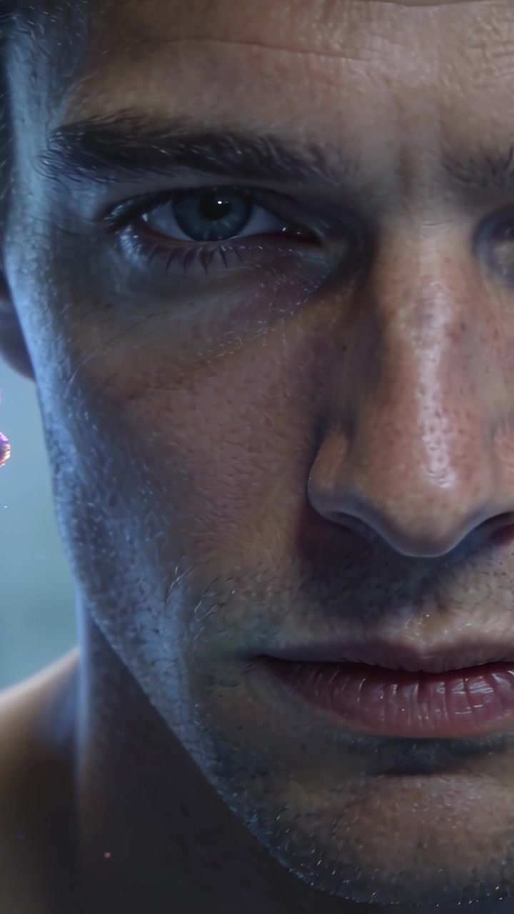 Vertical video: Zooming on shirtless man holding gaze in studio, revealing virus and skin detail