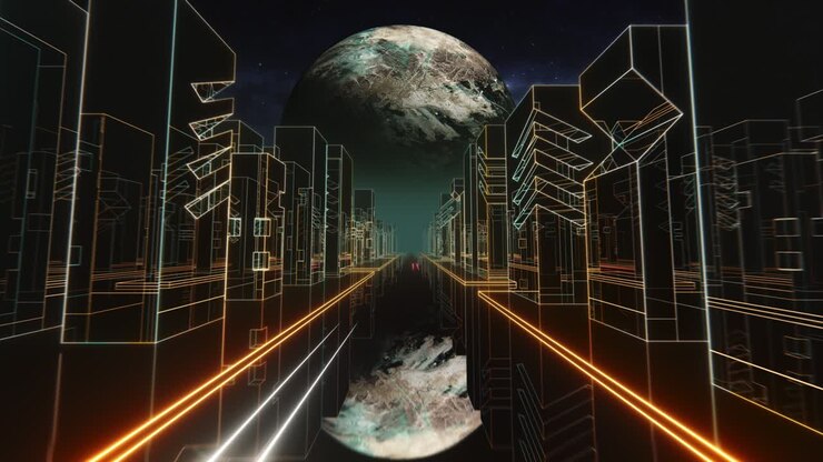 80s Retrowave night city synthwave VJ seamless loop with neon lights, Unknown Planet and stars. Retro 80s style grid sun stars old tv screen animation background. VJ Retro-Futuristic City. Driving toward Planet with distant city skyline. 80s sci-fi.