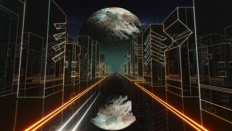 80s retrowave night city synthwave vj seamless loop with neon lights, unknown planet and stars. retro 80s style grid sun stars old tv screen animation background. vj retro-futuristic city. driving toward planet with distant city skyline. 80s sci-fi.