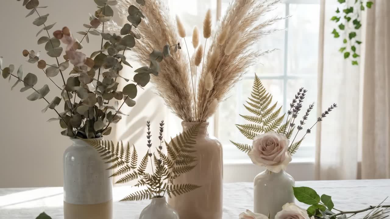 Décoration d’intérieur rustique avec des vases de fleurs séchées et fraîches