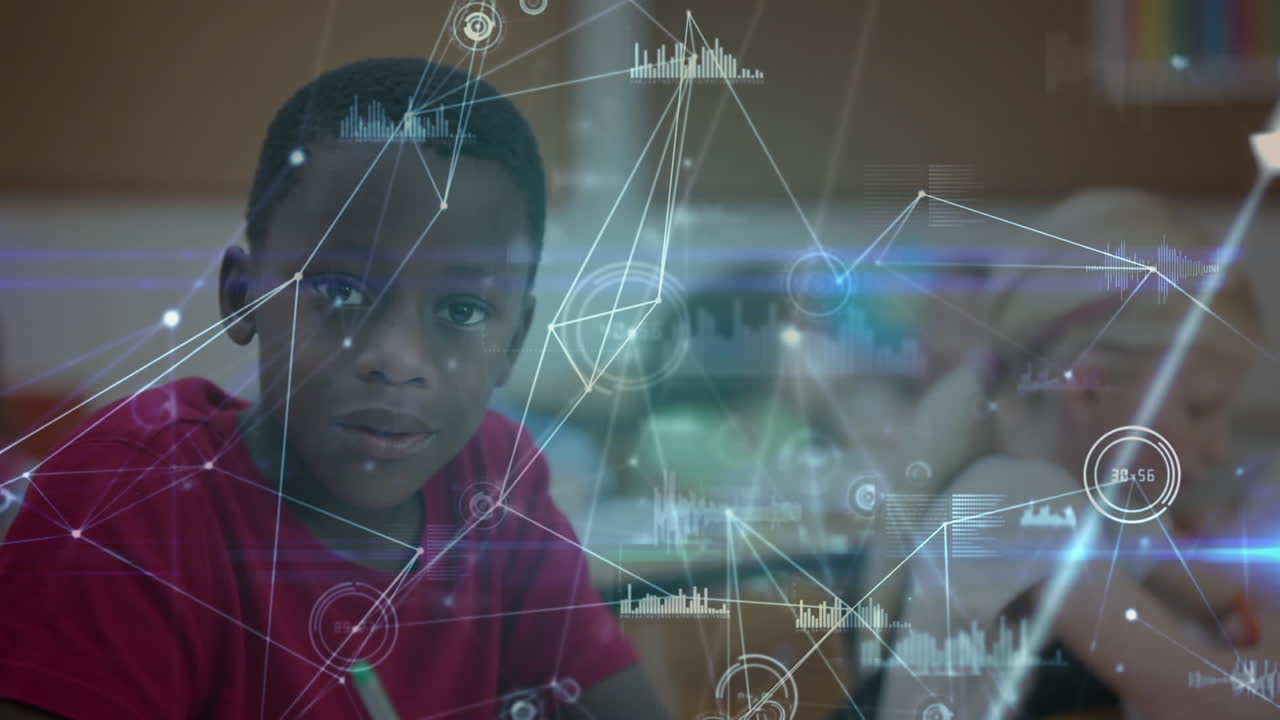 Animation of network of connections over schoolboy writing