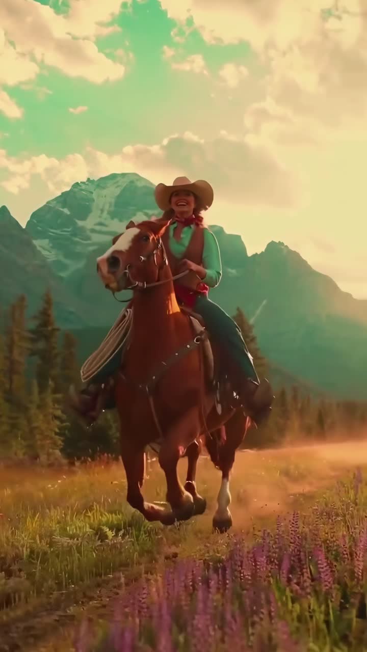Vídeo em ângulo baixo de um caubói cavalgando por uma paisagem montanhosa deslumbrante ao pôr do sol.