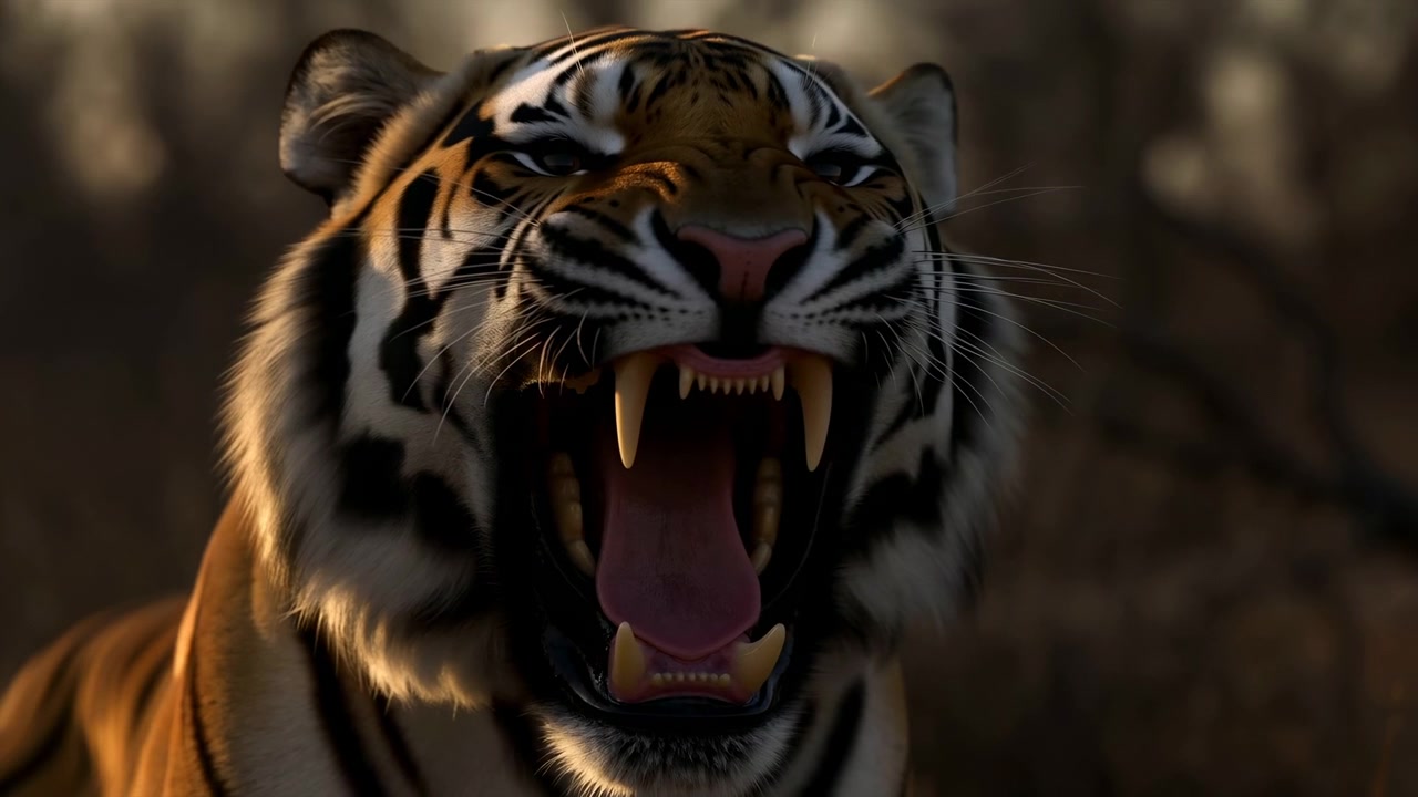 Harimau menggeram dari dekat dengan mulut terbuka lebar, taring panjang terlihat, lidah terlihat, kumis mengembang, mata menyipit, dan bulu bergaris diterangi cahaya alami yang lembut.