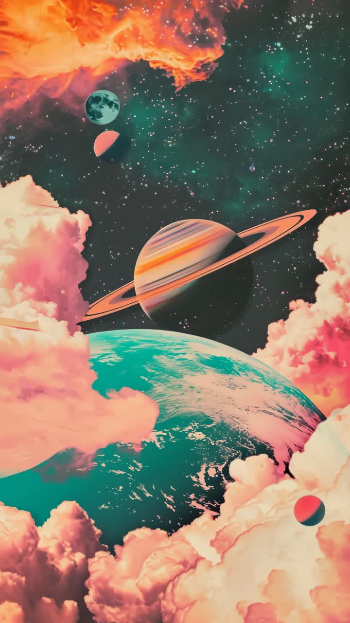 Surreal cosmic scene with planets and clouds, viewed from a low angle