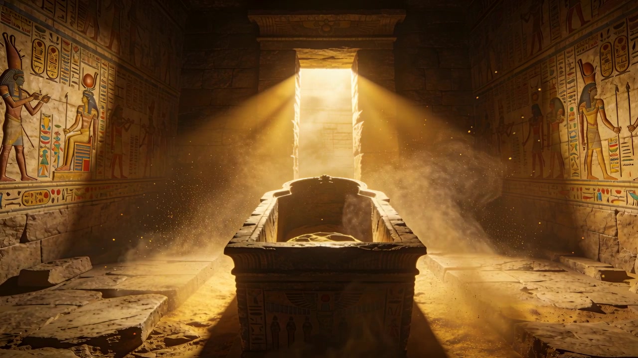Luce solare che filtra attraverso l'ingresso facendo brillare un sarcofago intagliato mentre la polvere vortica all'interno della tomba.