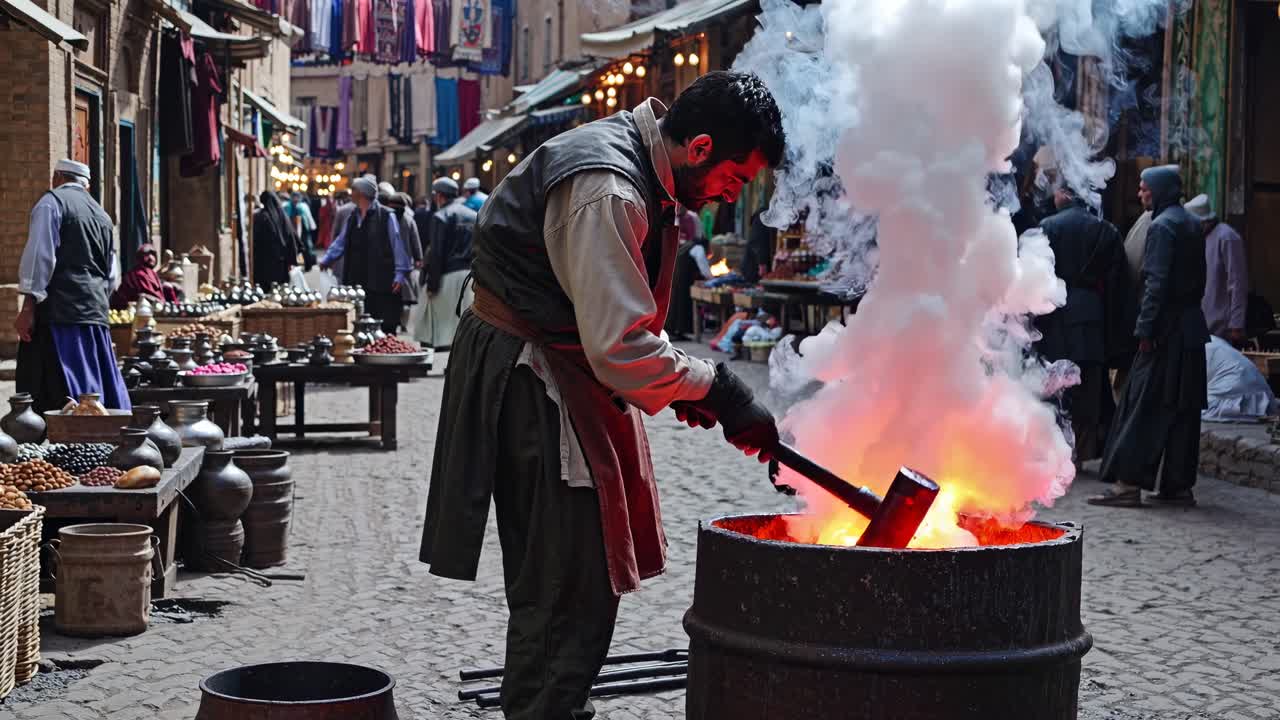 Street-level video captures a blacksmith in a bustling market, hammering metal over a fiery barrel
