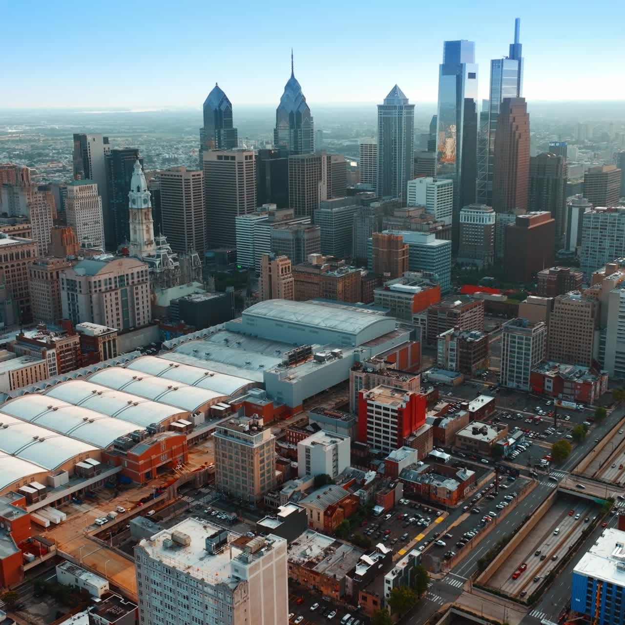 View of Philadelphia Convention Center in the downtown. Complex of skyscrapers standing out in the urban landscape