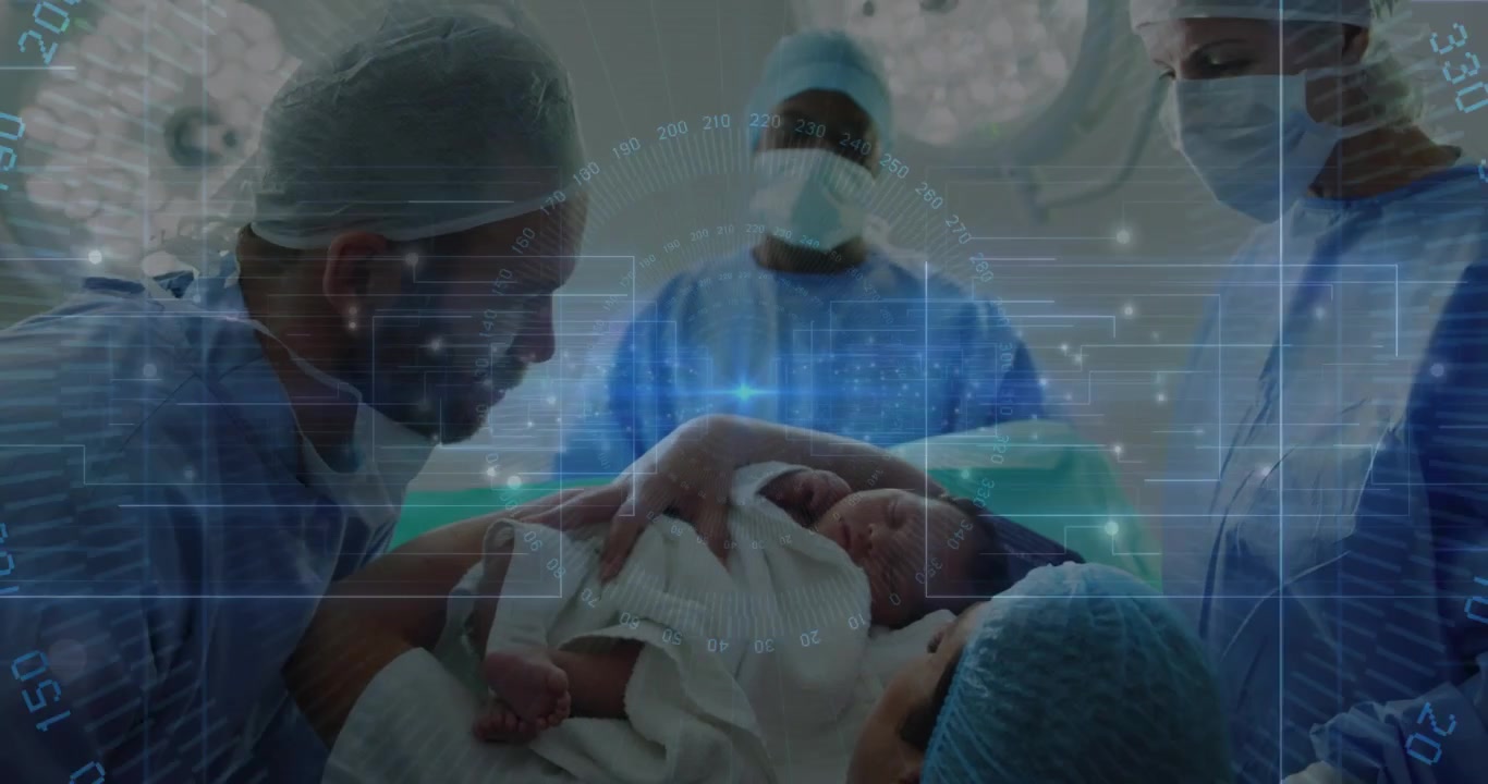 In hospital father cradling infant on mom chest upon delivery bonding with overlay tracking vitals