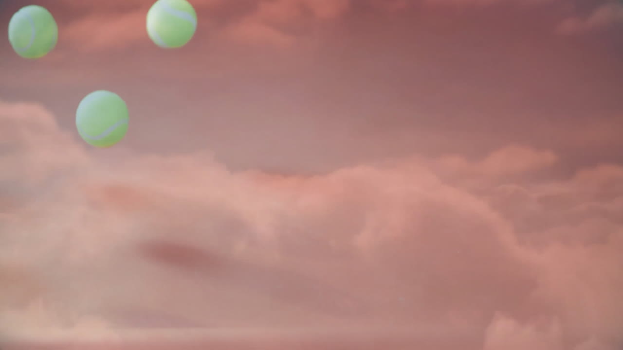 Four neon-green tennis balls floating above pastel-pink cloudscape, casting shadows in 3D render