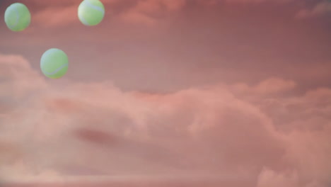 four neon-green tennis balls floating above pastel-pink cloudscape, casting shadows in 3d render