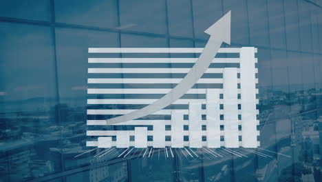 animación del procesamiento de datos estadísticos frente a una vista aérea del paisaje urbano