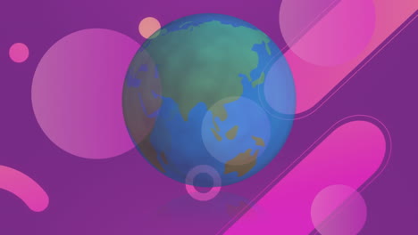 animation of spinning globe over abstract shapes on purple gradient background with copy space