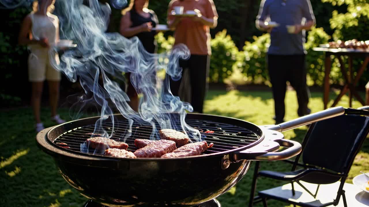 Una ripresa video ravvicinata e dal basso di carne che sfrigola su una griglia per barbecue, catturando un ambiente esterno soleggiato.