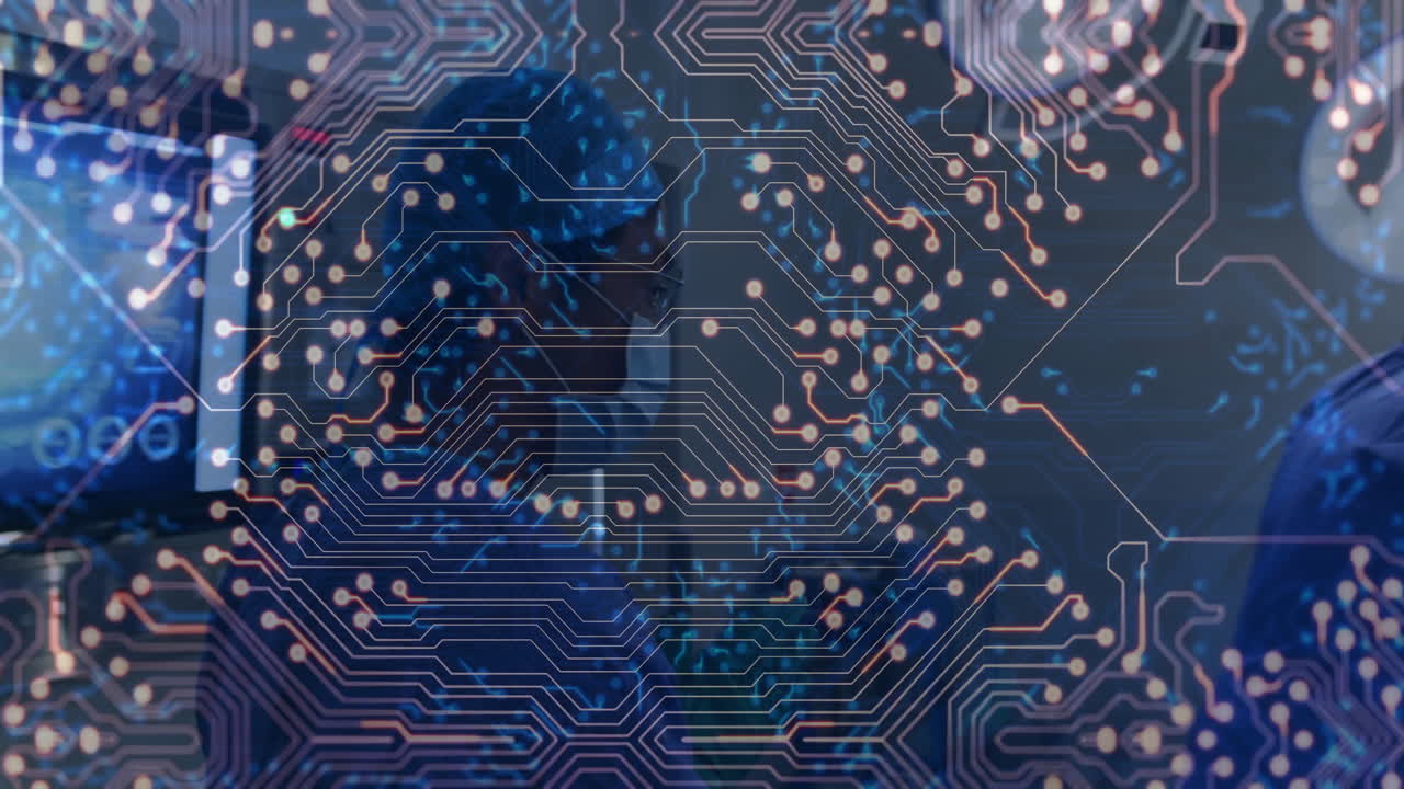 Working with technology, people in school using devices with circuit board animation