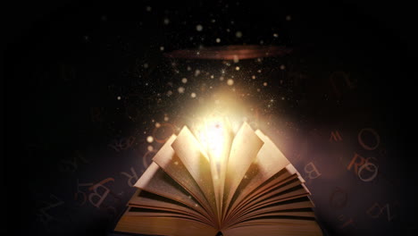 open book with magic light and glowing letters flying out of it on wooden table against black background with a lamp on top. loop animation.