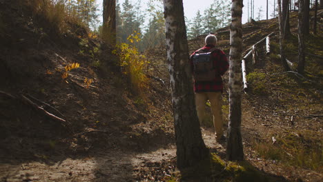 man is backpacking in forest at autumn sport activities for healthy lifestyle breathing fresh air and relaxing