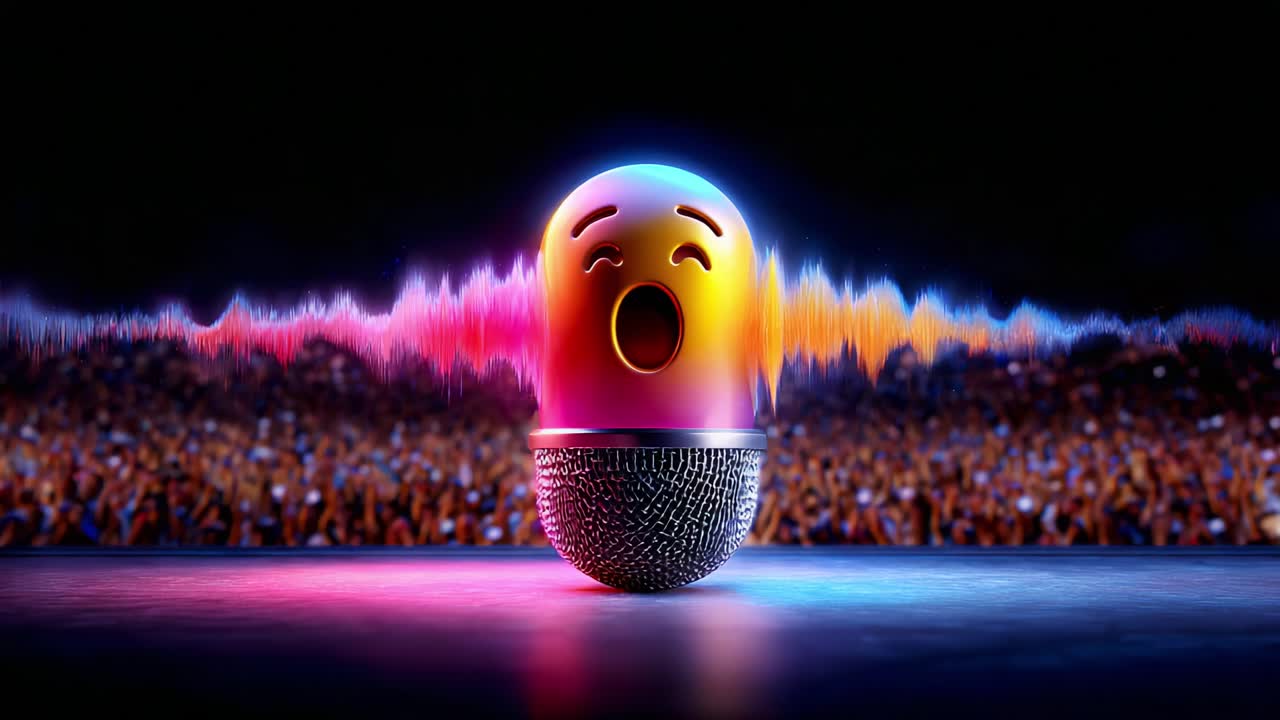 A Colorful Microphone Character Surrounded by Vibrant Audio Waves Represents the Joy of Music Performance with Enthusiastic Audience in the Background, Capturing the Essence of Entertainment
