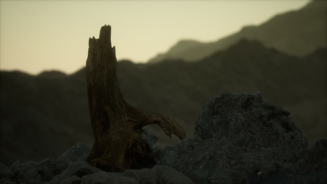 Pino morto su roccia granitica al tramonto