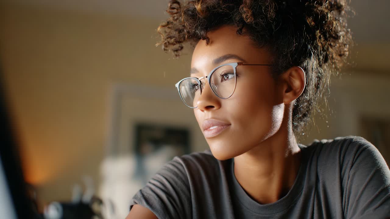 A focused and contemplative young woman with natural curly hair, wearing stylish glasses, deeply immersed in thought while engaging with her computer in a cozy indoor environment, showcasing concentration and serenity