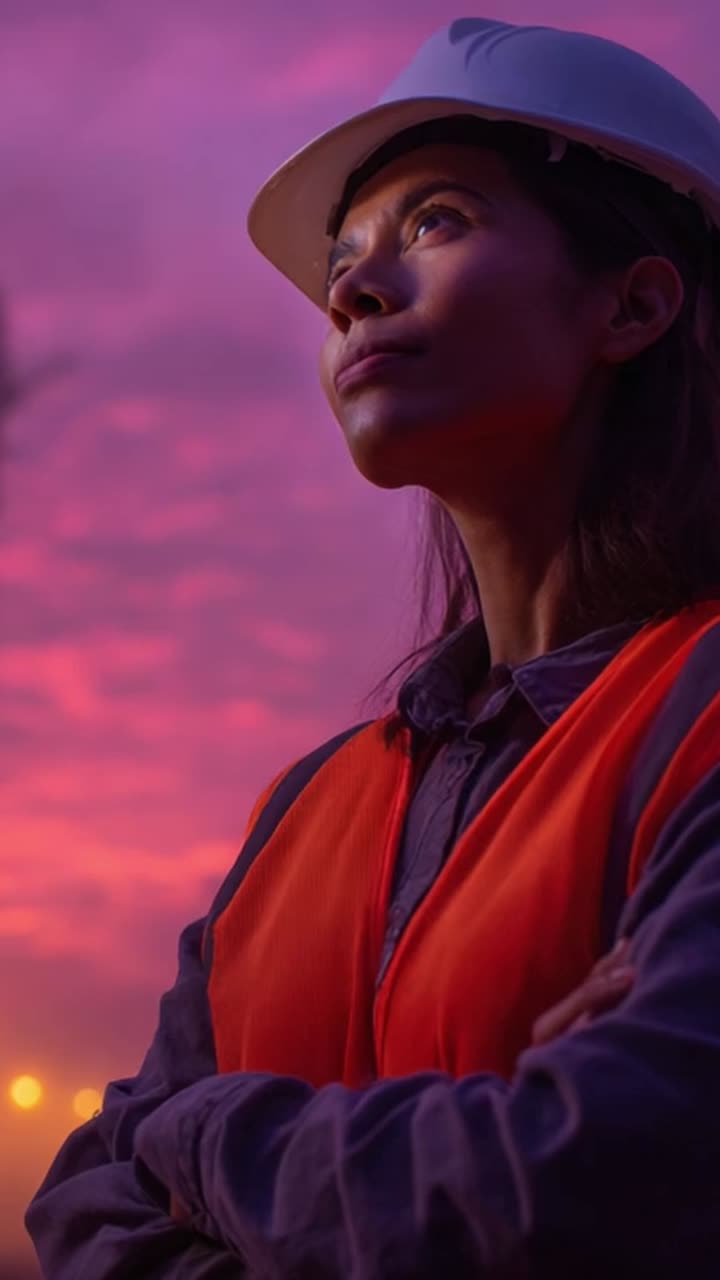 Una donna sicura di sé con cappello e gilet di sicurezza si erge su uno splendido sfondo crepuscolare, incarnando forza e determinazione nella sua professione.
