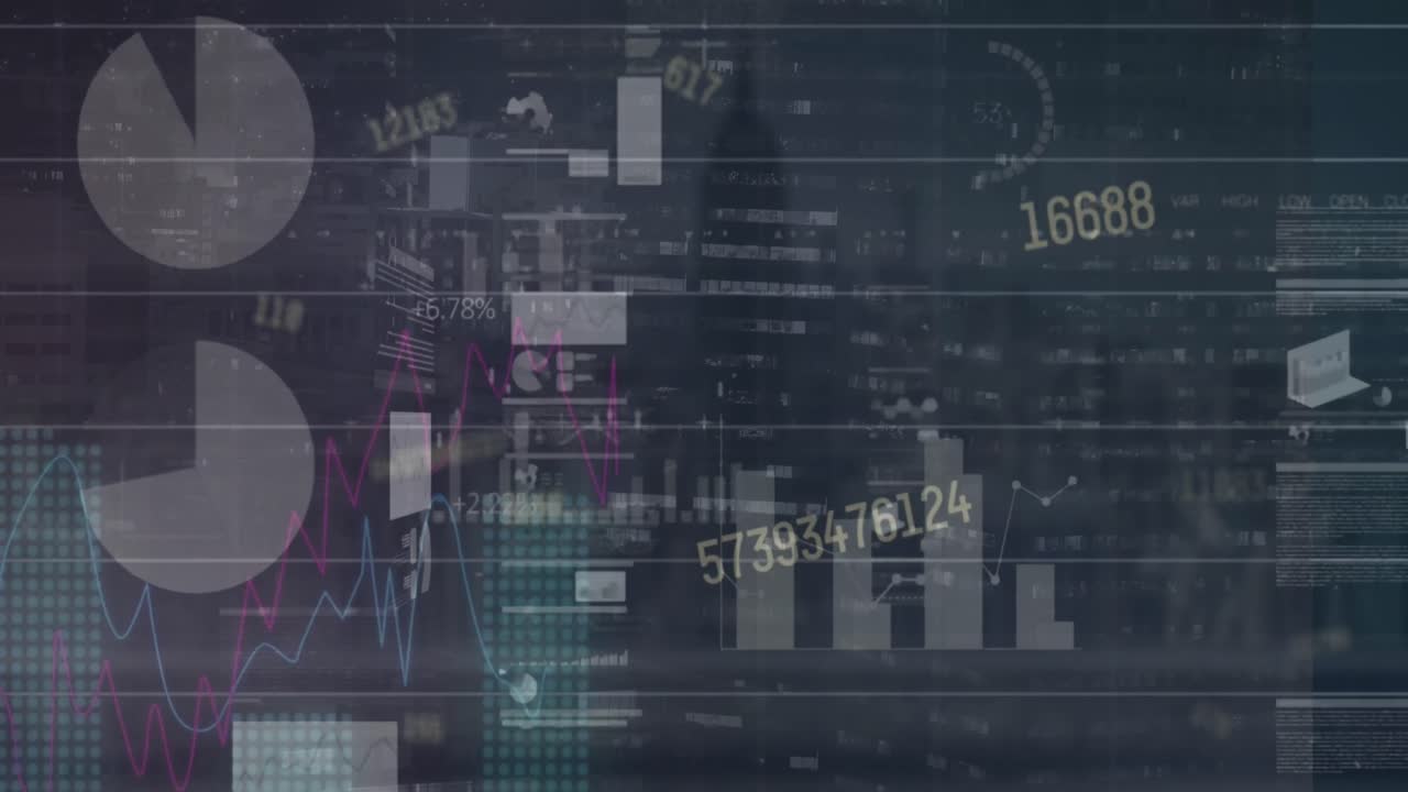 Animation of changing numbers and stock market data processing against aerial view of cityscape