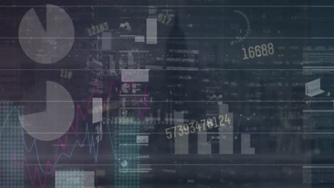 animation of changing numbers and stock market data processing against aerial view of cityscape