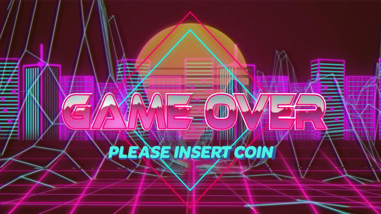 Game Over text animation over neon cityscape with Please Insert Coin message