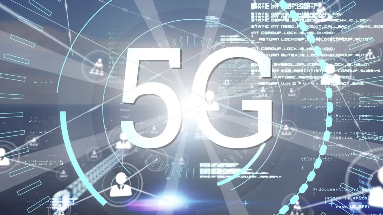animazione della rete di connessioni con icone su 5g e cityscape.