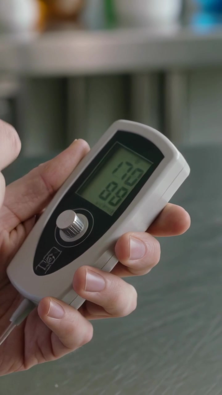 Vertical video: Pressing button, hands in lab coat tuning meter in lab, taking amber vial to test