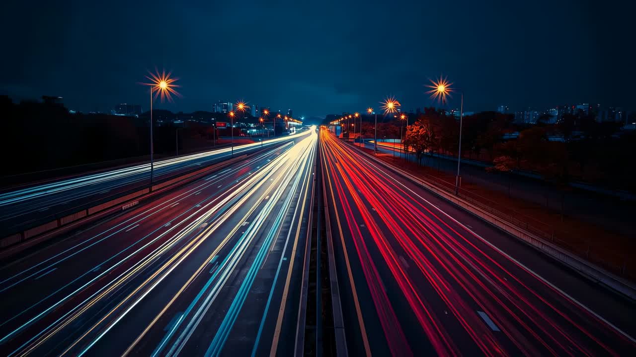 Registrazione di una telecamera su un cavalcavia che riprende le scie luminose di un'autostrada di notte, auto di passaggio con flusso crescente, spartitraffico