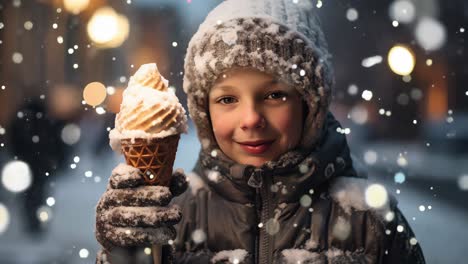 snowfall enveloping young boy happily enjoying ice cream cone amid blurred city night lights, experiencing winter's whimsical culinary moment