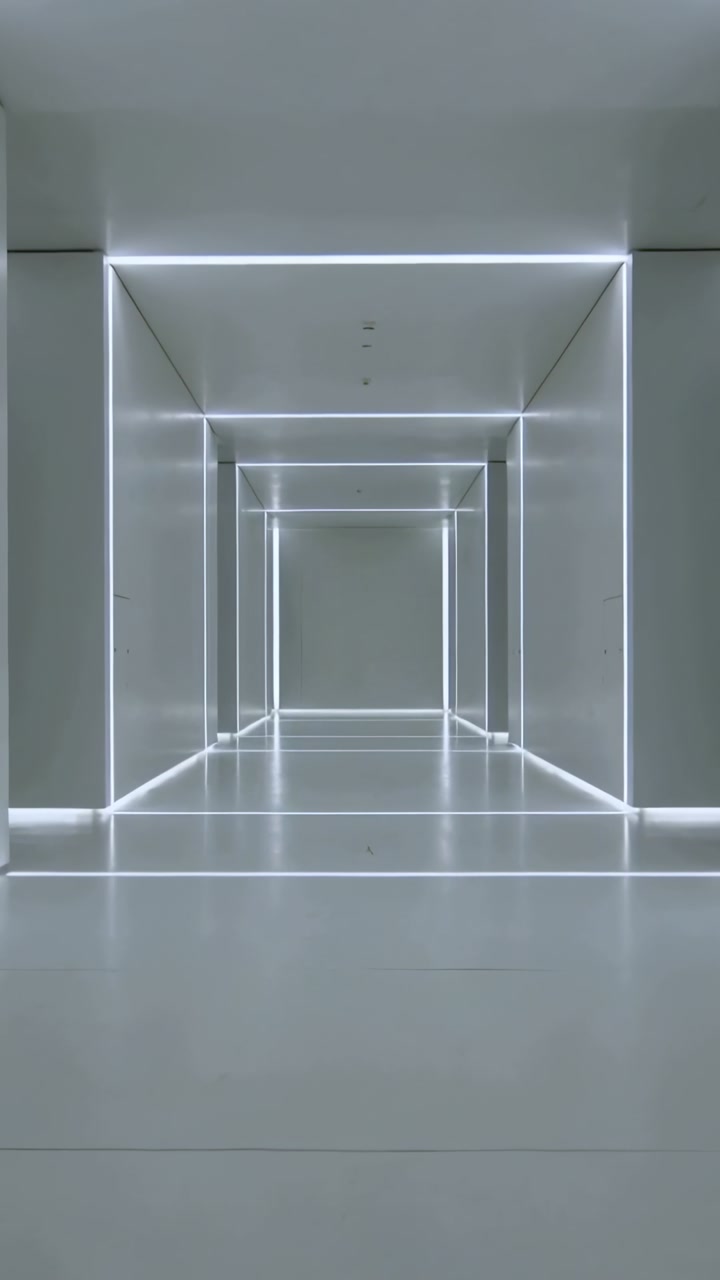 Vertical video: Panning camera moving into corridor from entry, showing LED strips, reflections