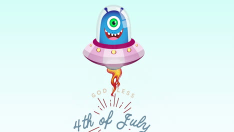 animation of 4th of july text with smiling allien over blue background